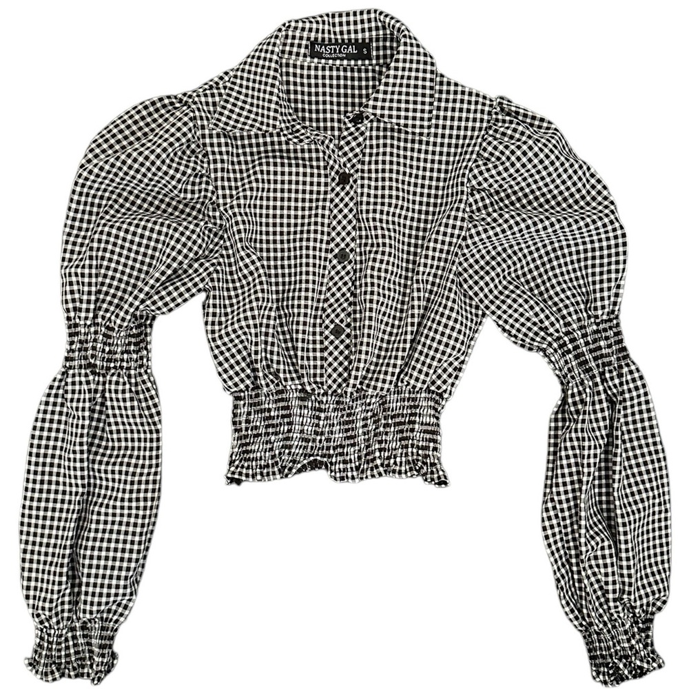 Nasty Gal Black & White Gingham Puff Sleeve Cropped Button Up Blouse Top Size S